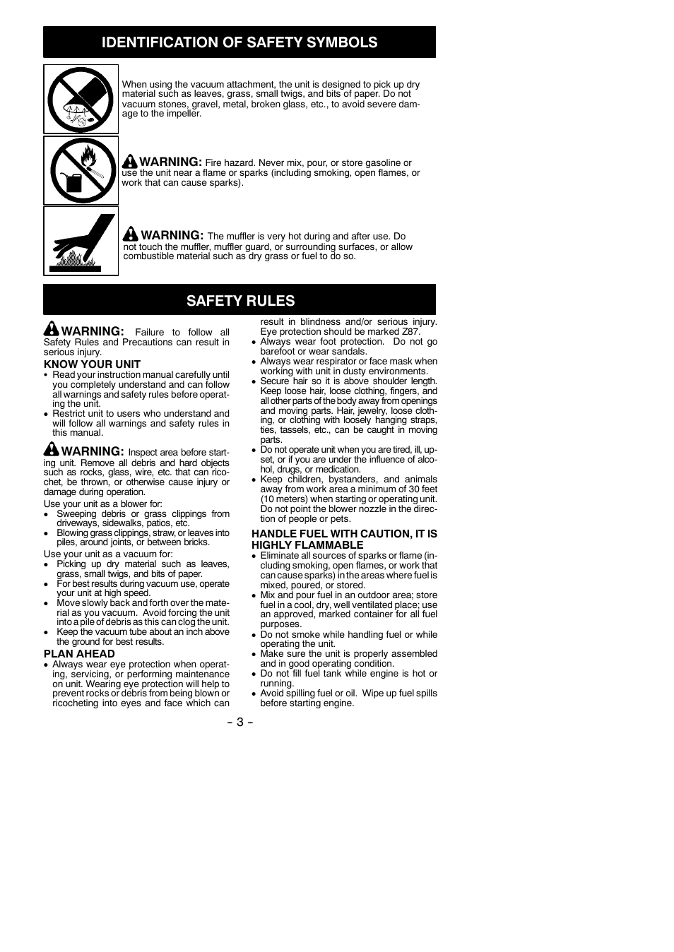 Identification of safety symbols, Safety rules, Warning | Poulan 545186830 User Manual | Page 3 / 14