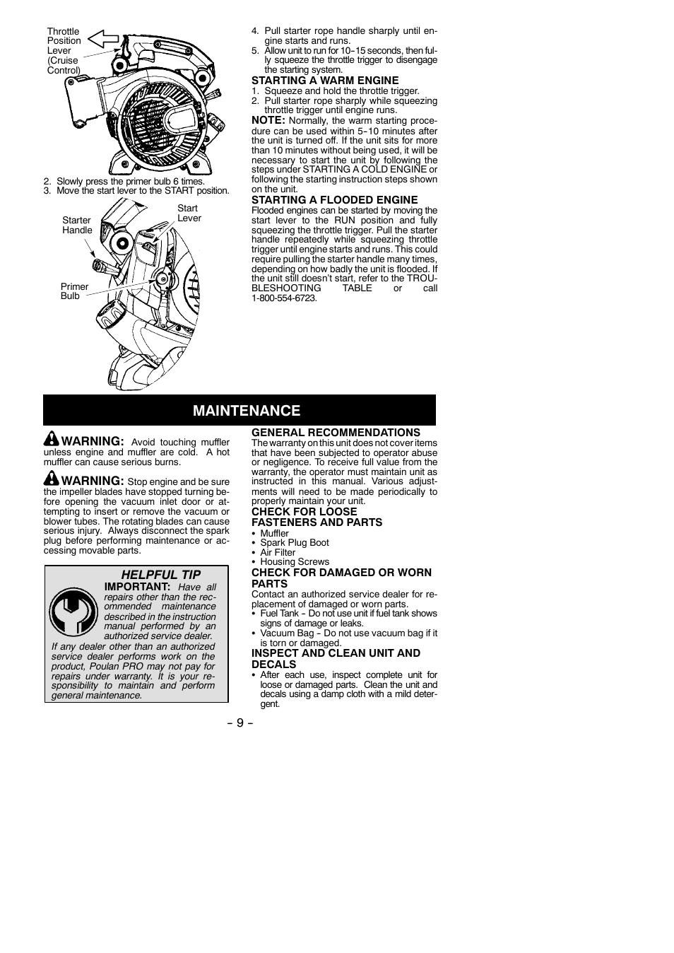 Maintenance, Warning, Helpful tip | Poulan 545186830 User Manual | Page 9 / 14