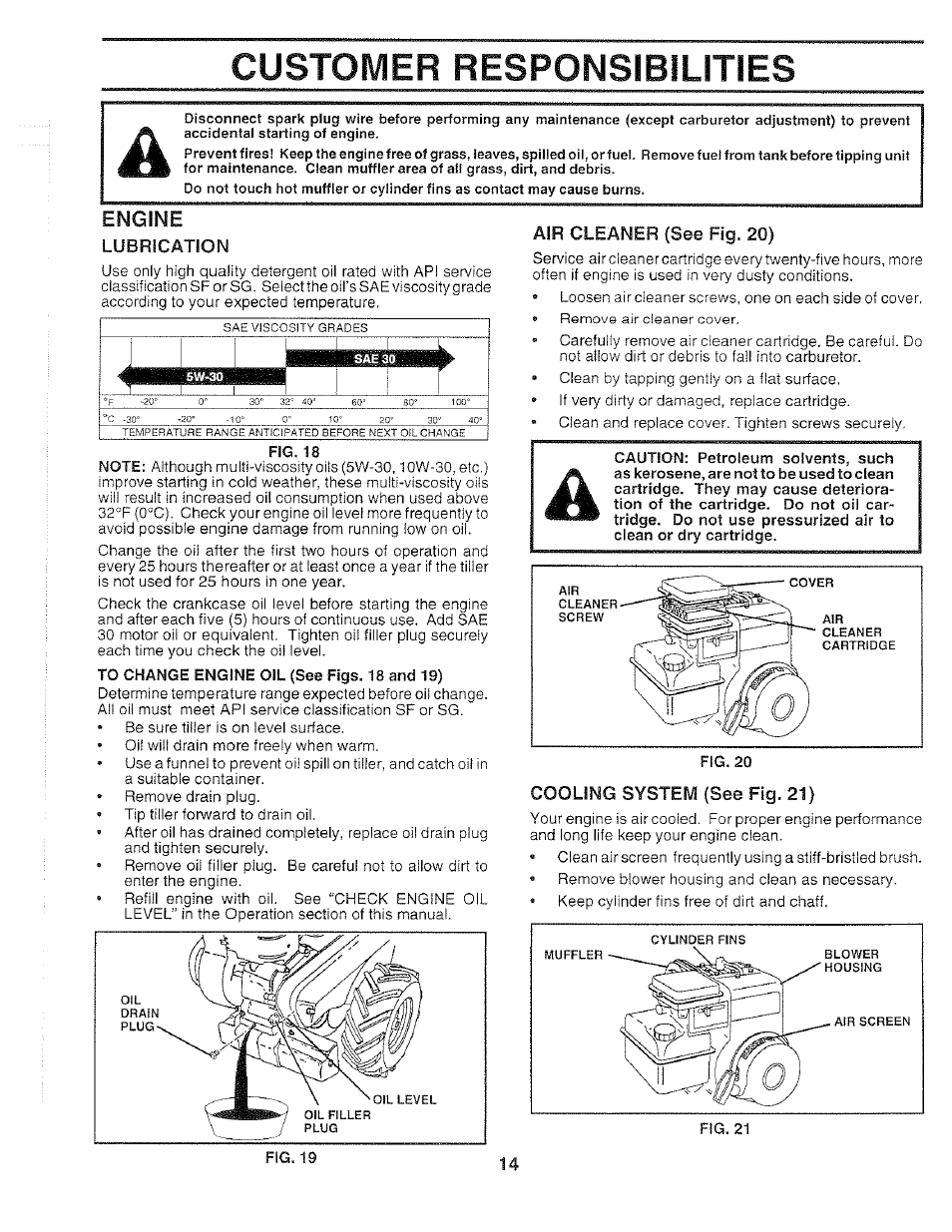 Engine, Lubrication, Air cleaner (see fig. 20) | Cooling system (see fig. 21), Customer responsibilities | Poulan 159399 User Manual | Page 14 / 28