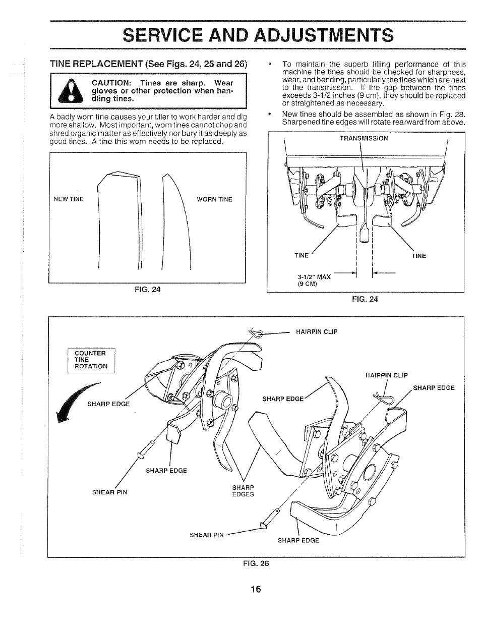 Tine replacement (see figs. 24,25 and 26), Service and adjustments | Poulan 159399 User Manual | Page 16 / 28