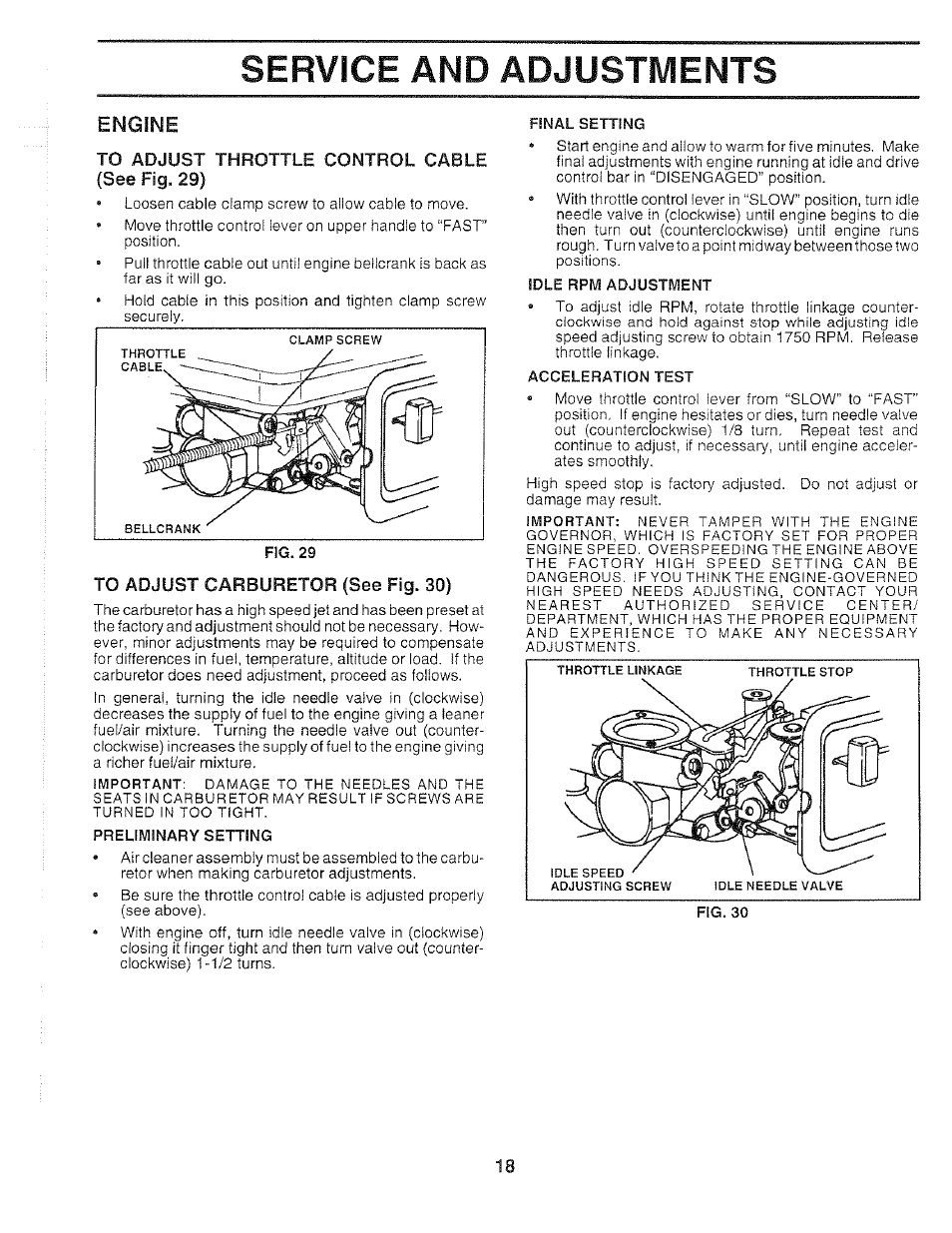 Engine, To adjust throttle control cable, See fig. 29) | To adjust carburetor (see fig. 30), Service and adjustments | Poulan 159399 User Manual | Page 18 / 28