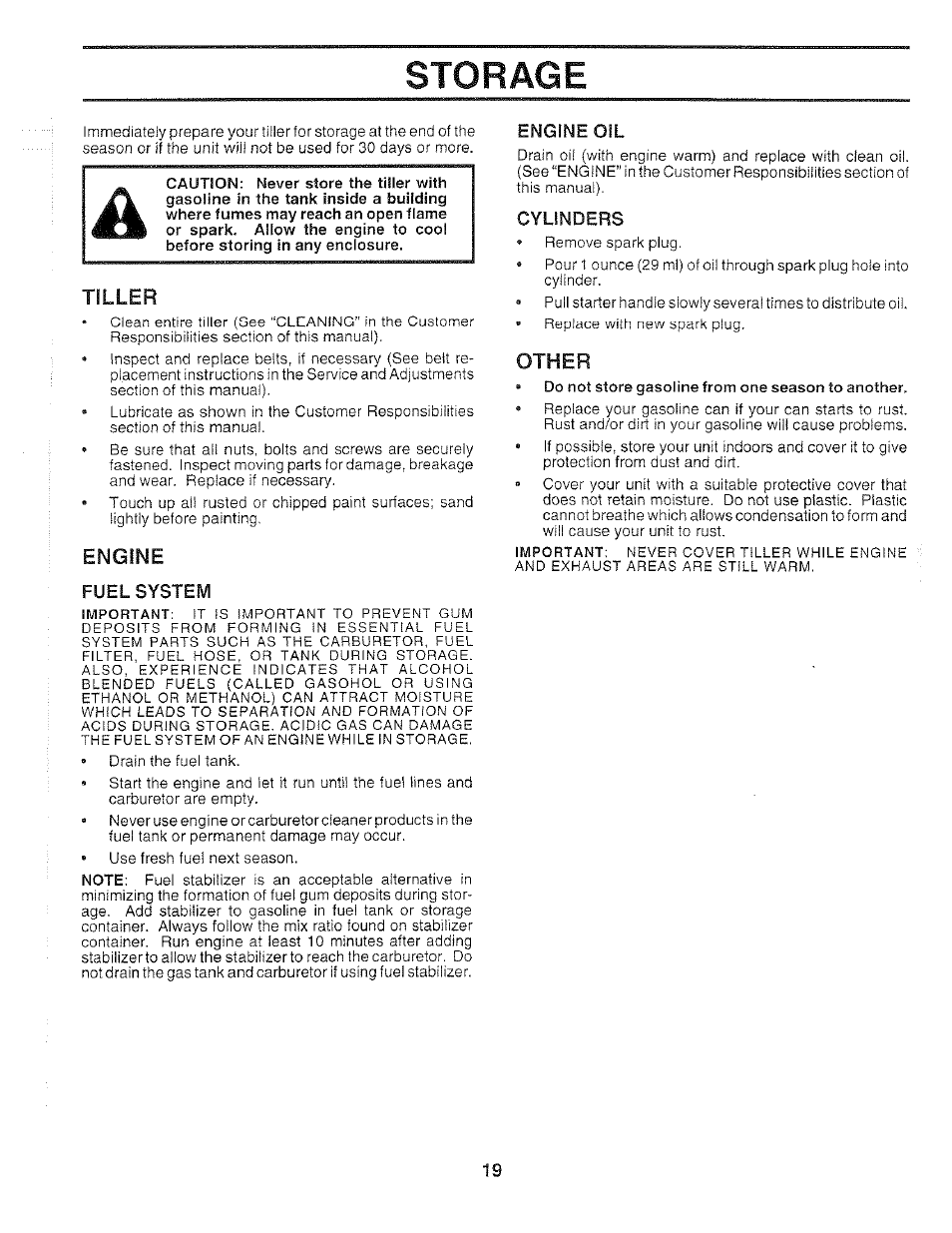 Tiller, Engine, Fuel system | Engine oil, Cyunders, Other, Storage | Poulan 159399 User Manual | Page 19 / 28