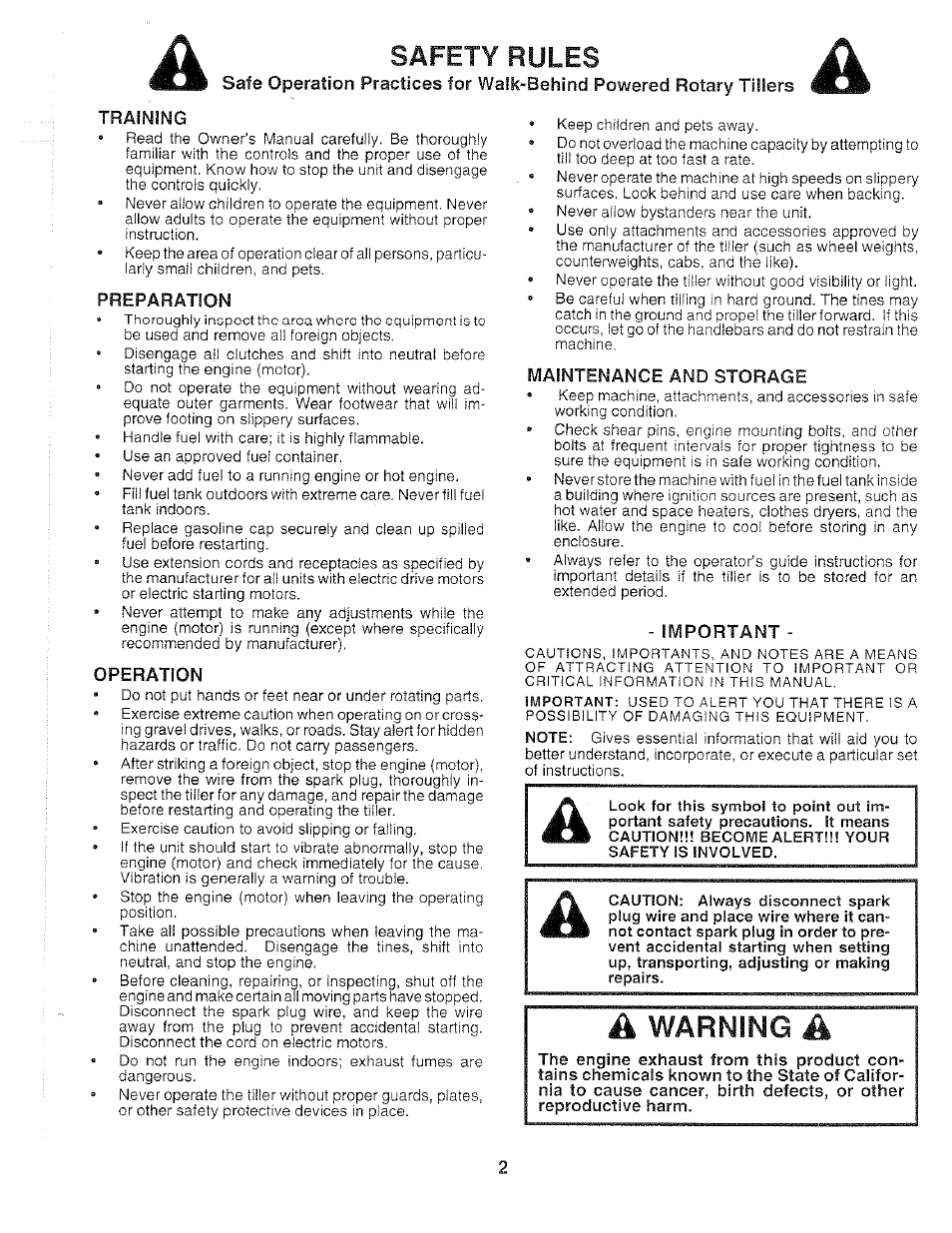 Safety rules, Training, Preparation | Operation, Maintenance and storage, Important, A warning a, Warning | Poulan 159399 User Manual | Page 2 / 28