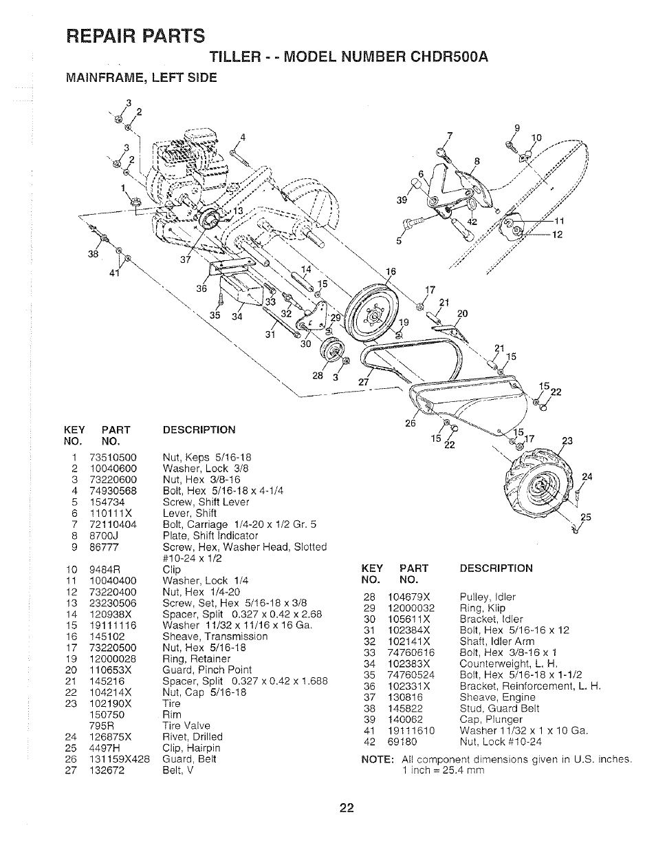 Tiller--model number chdr500a, Maiimfraivie, left side, Repair parts | Poulan 159399 User Manual | Page 22 / 28