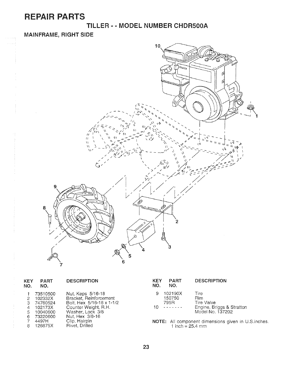 Tiller -" model number chdr500a, L\^a!nfraye, right side, Repair parts | Poulan 159399 User Manual | Page 23 / 28