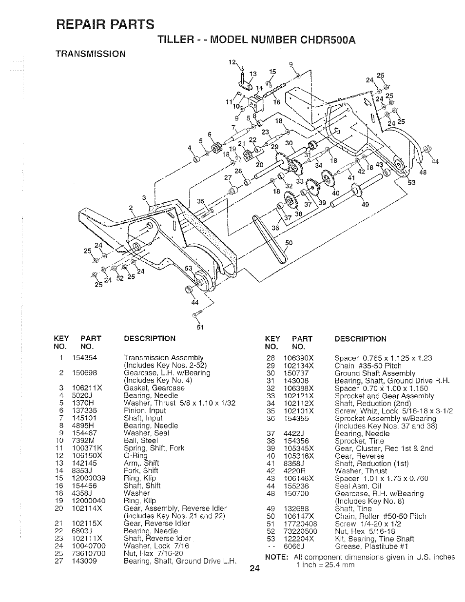 Transmissiom, Repair parts, Tiller " - model number chdr500a | Poulan 159399 User Manual | Page 24 / 28