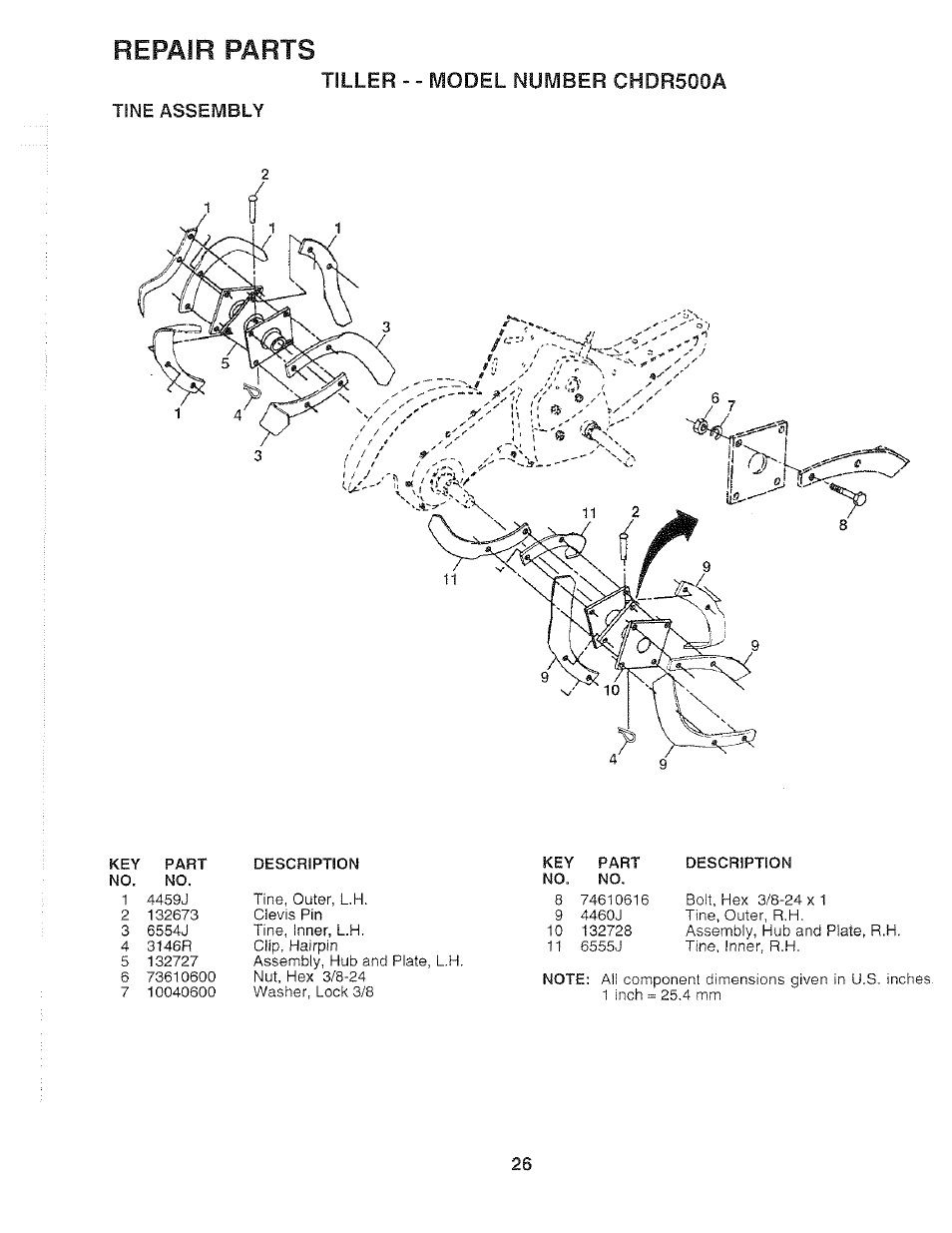 Tine assembly, Repair parts, Tiller - - model number chdr500a | Poulan 159399 User Manual | Page 26 / 28