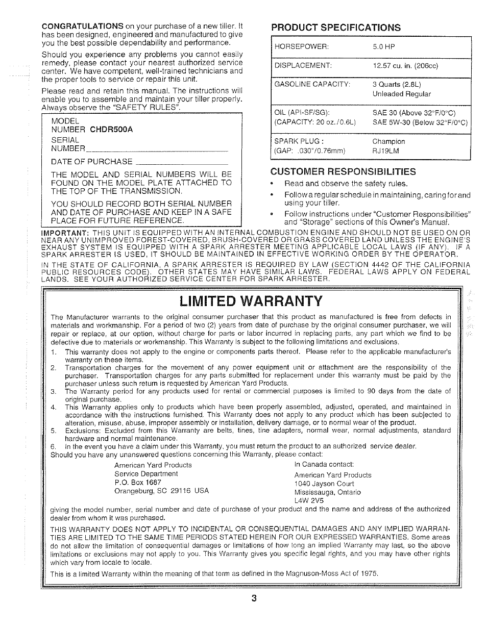 Product specifications, Customer responsibilities, Limited warranty | Poulan 159399 User Manual | Page 3 / 28