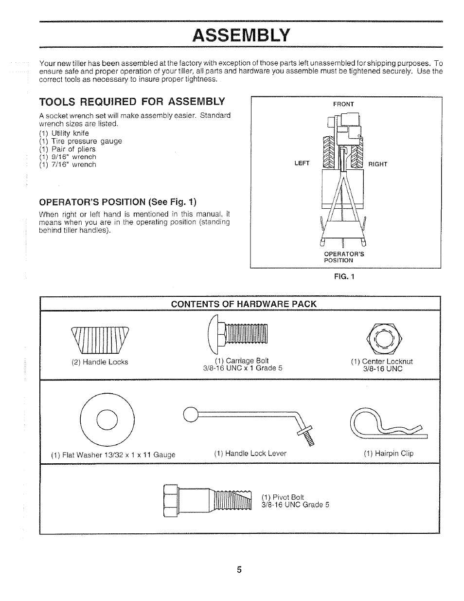 Tools required for assembly, Operator’s position (see fig. 1), Contents of hardware pack | Assembly | Poulan 159399 User Manual | Page 5 / 28