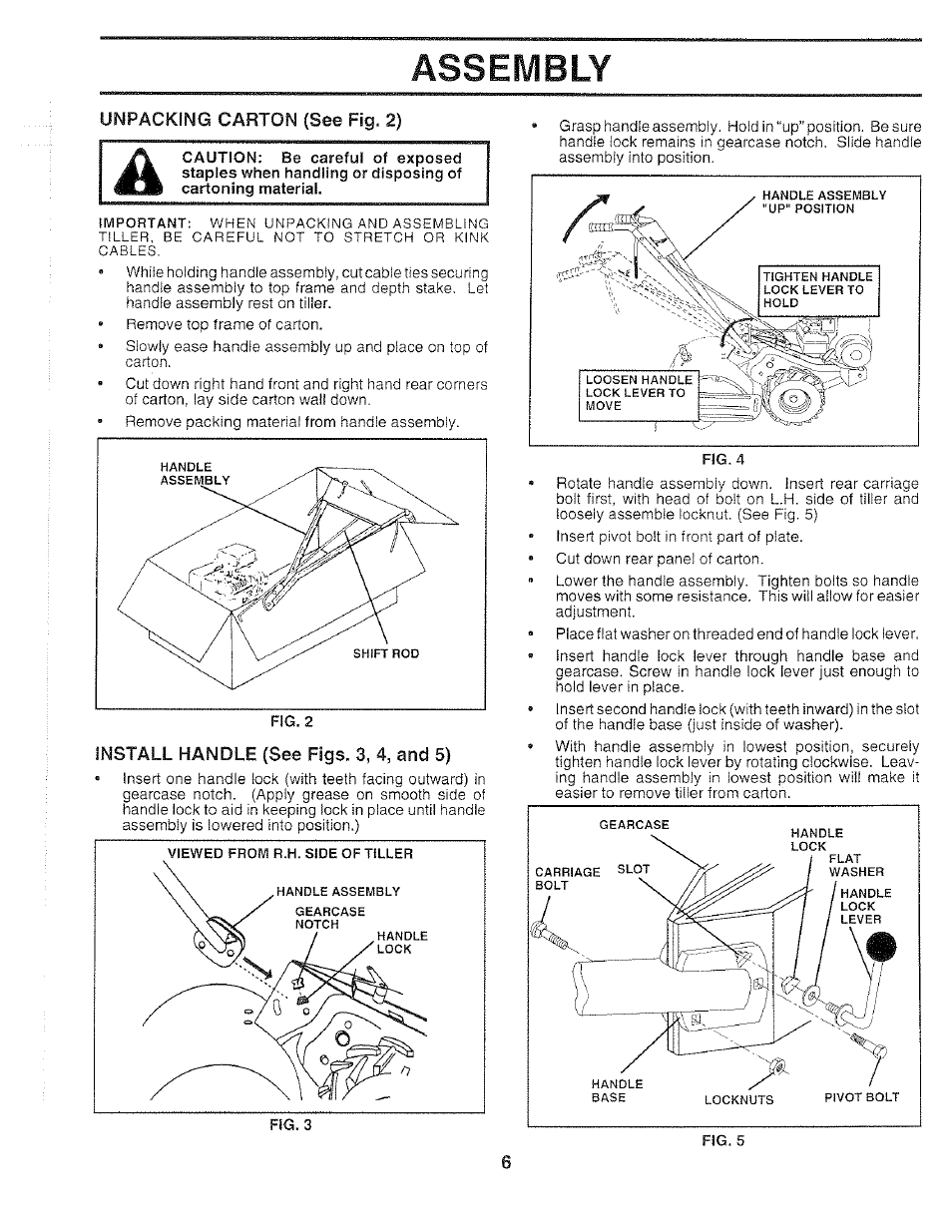 Unpacking carton (see fig. 2), Install handle (see figs. 3, 4, and 5), Assembly | Poulan 159399 User Manual | Page 6 / 28