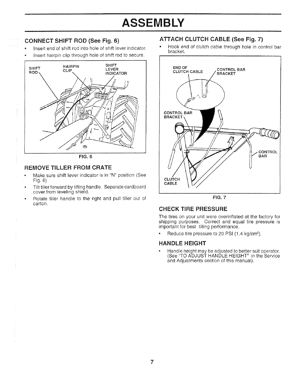 Remove tiller from crate, Attach clutch cable (see fig. 7), Check tire pressure | Handle height, Assembly | Poulan 159399 User Manual | Page 7 / 28