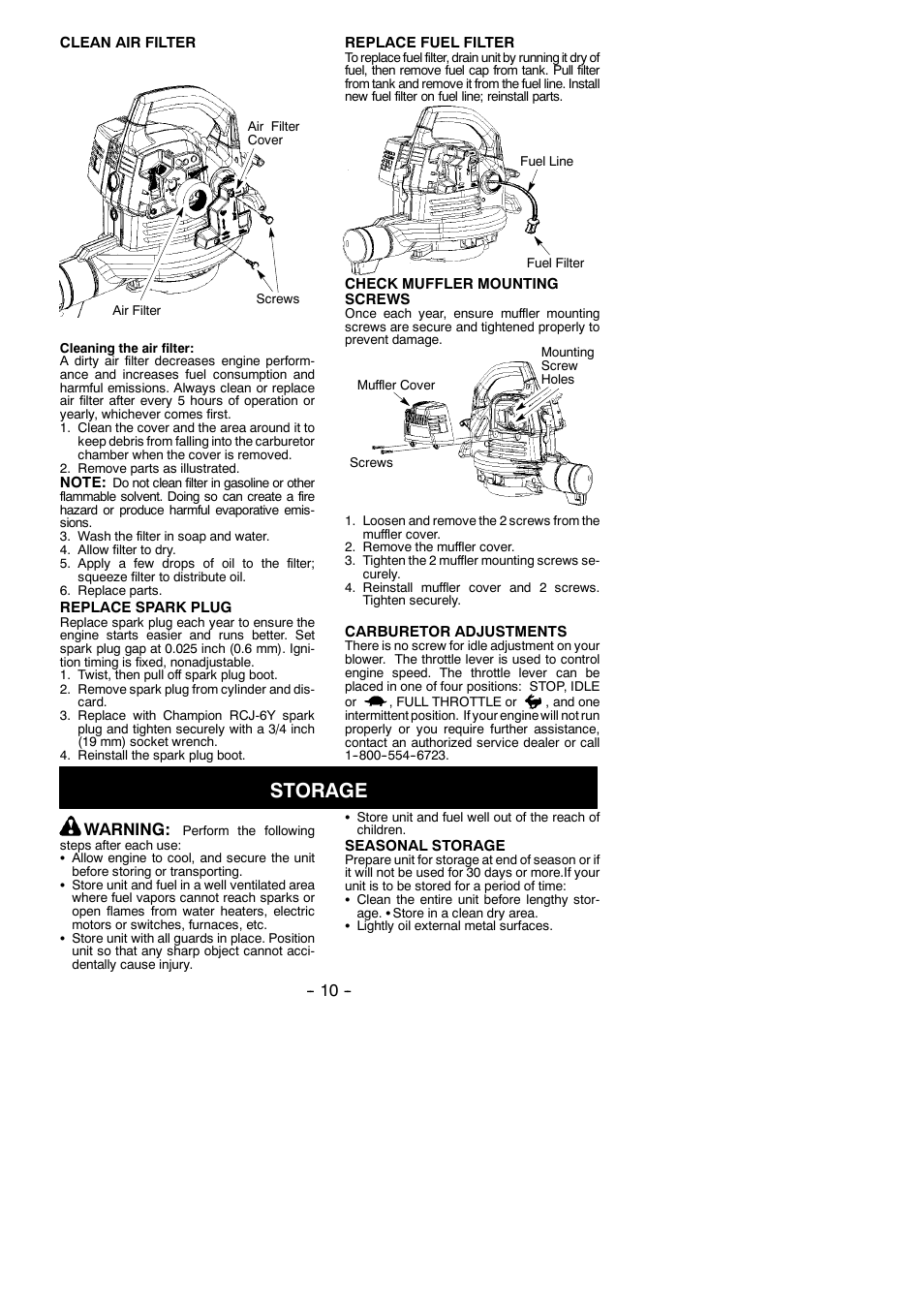 Storage, Warning | Poulan 545137219 User Manual | Page 10 / 13