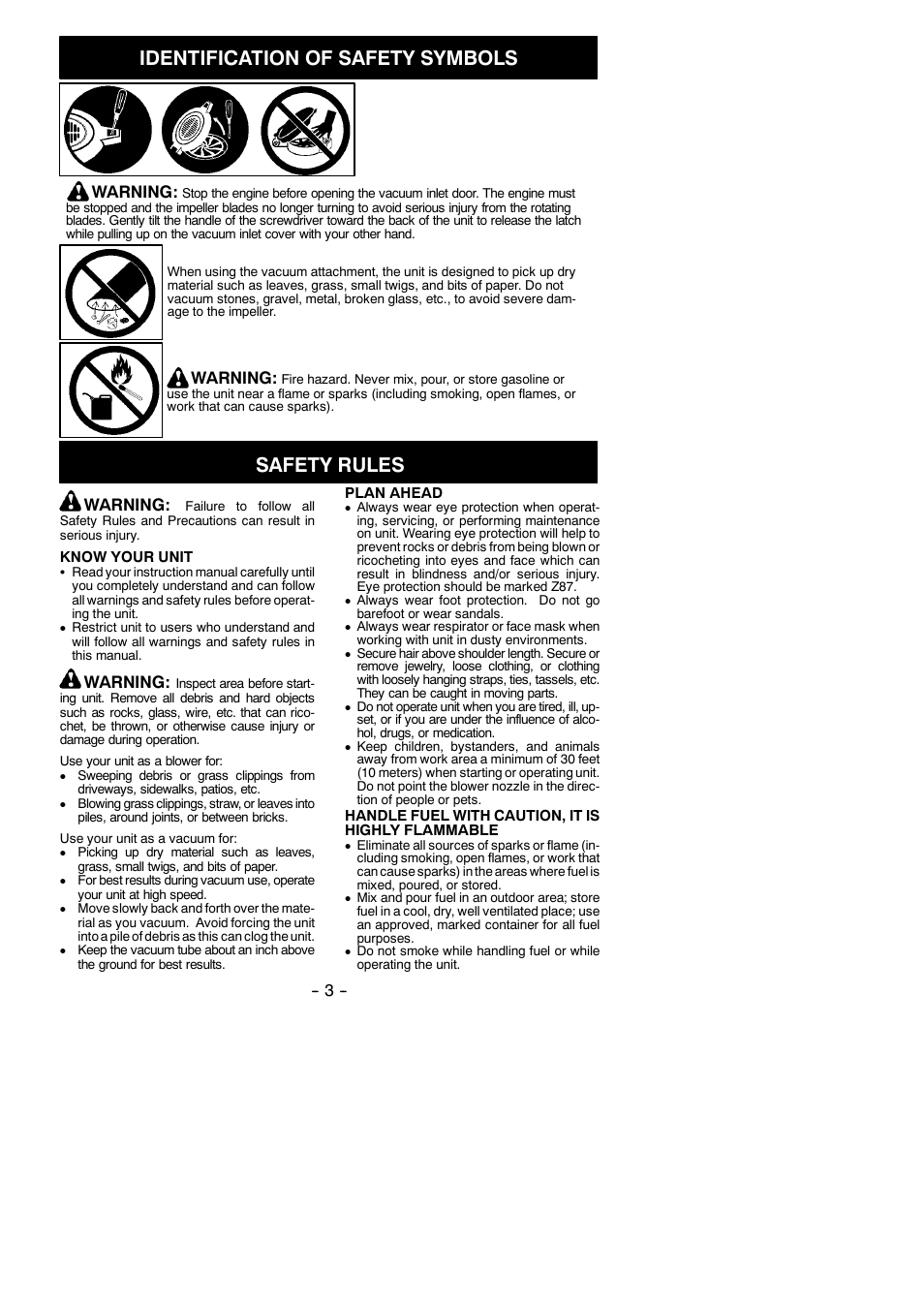 Identification of safety symbols, Safety rules, Warning | Poulan 545137219 User Manual | Page 3 / 13