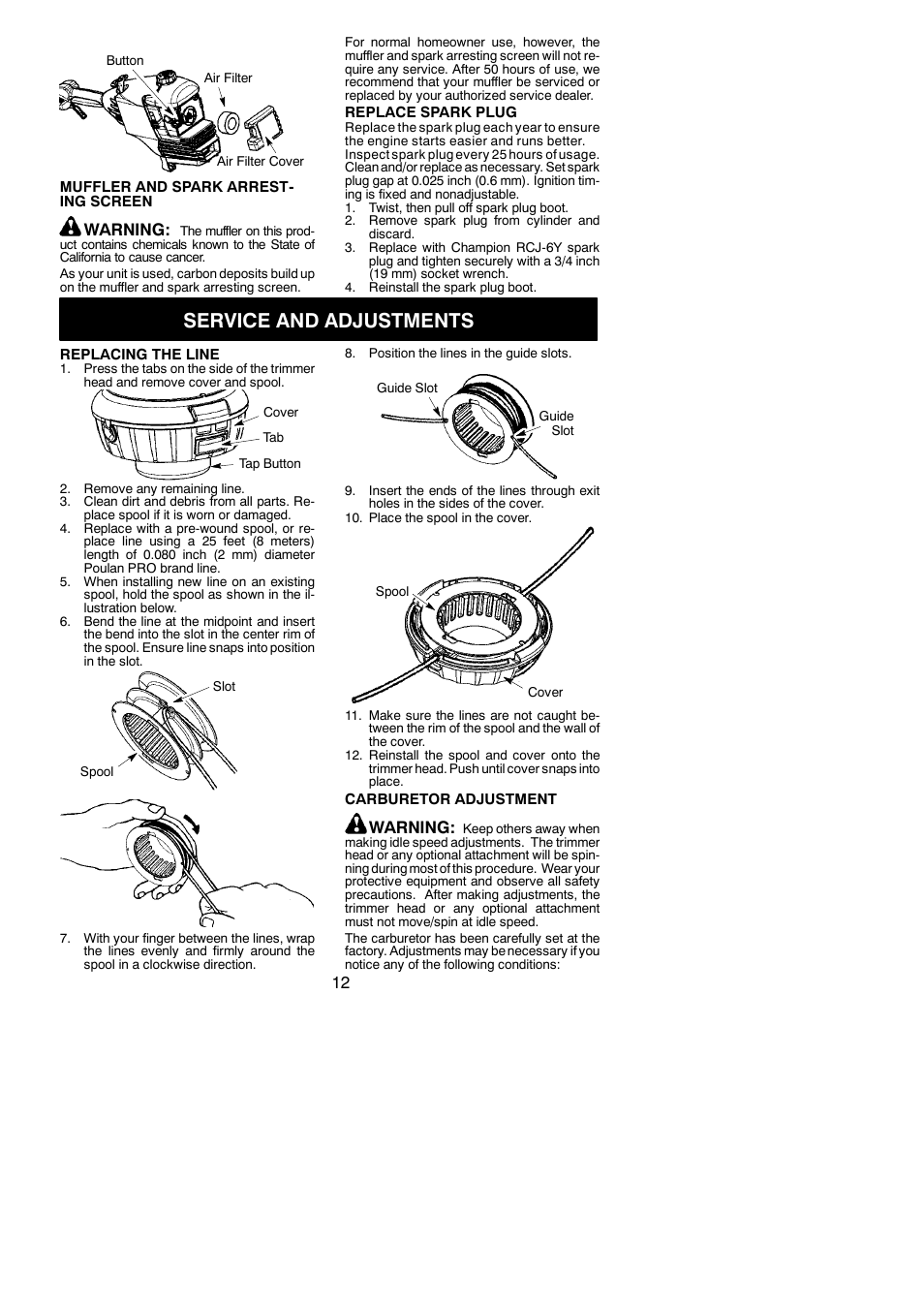 Service and adjustments, Warning | Poulan PPB150E User Manual | Page 12 / 16