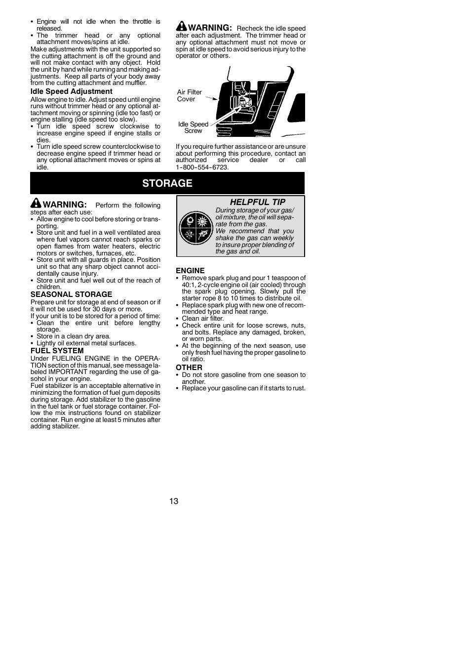 Storage, Warning, Helpful tip | Poulan PPB150E User Manual | Page 13 / 16