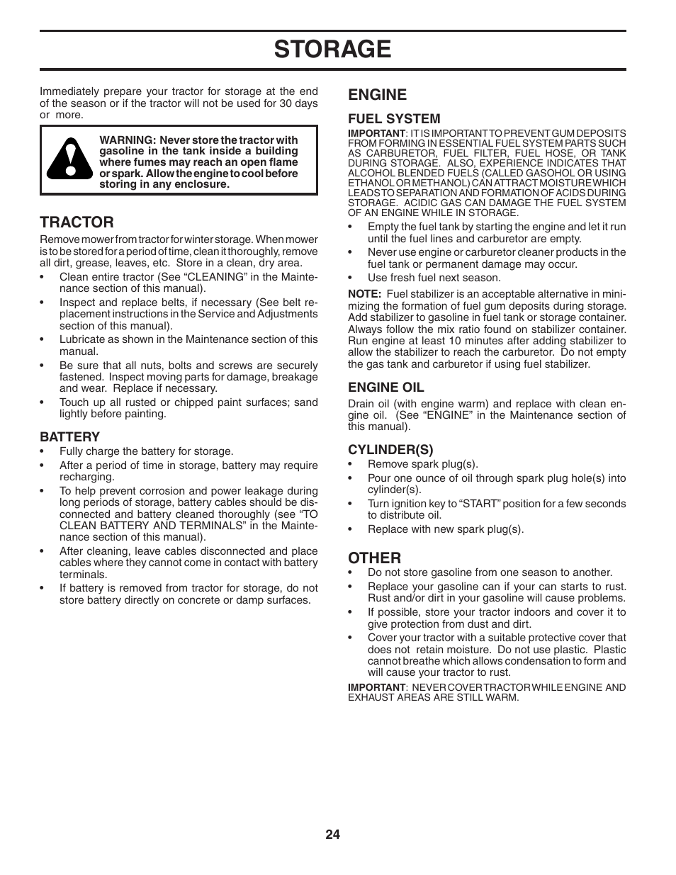 Storage, Tractor, Engine | Other | Poulan XT19H42YT User Manual | Page 24 / 30