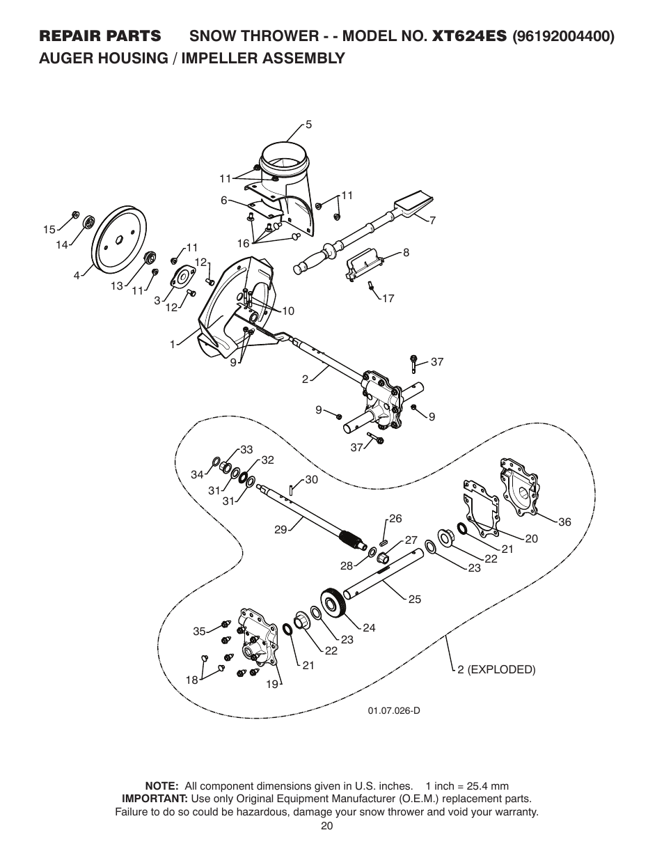 Repair parts, Auger housing / impeller assembly | Poulan XT624ES User Manual | Page 20 / 40