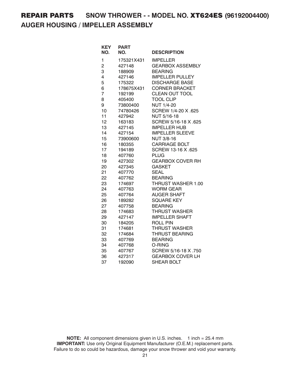 Poulan XT624ES User Manual | Page 21 / 40