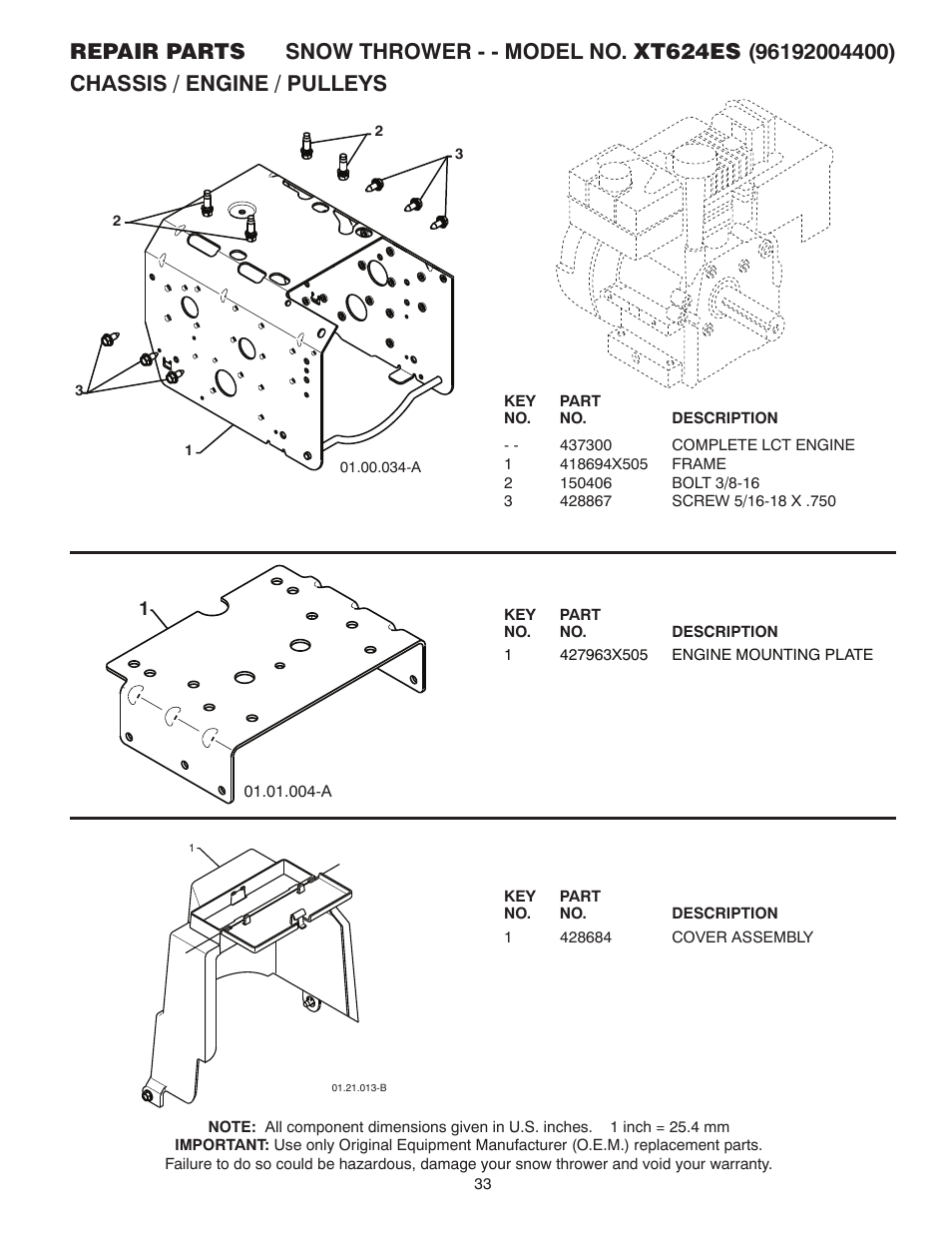 Chassis / engine / pulleys | Poulan XT624ES User Manual | Page 33 / 40