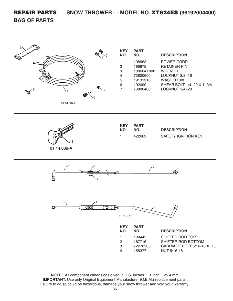 Bag of parts | Poulan XT624ES User Manual | Page 36 / 40