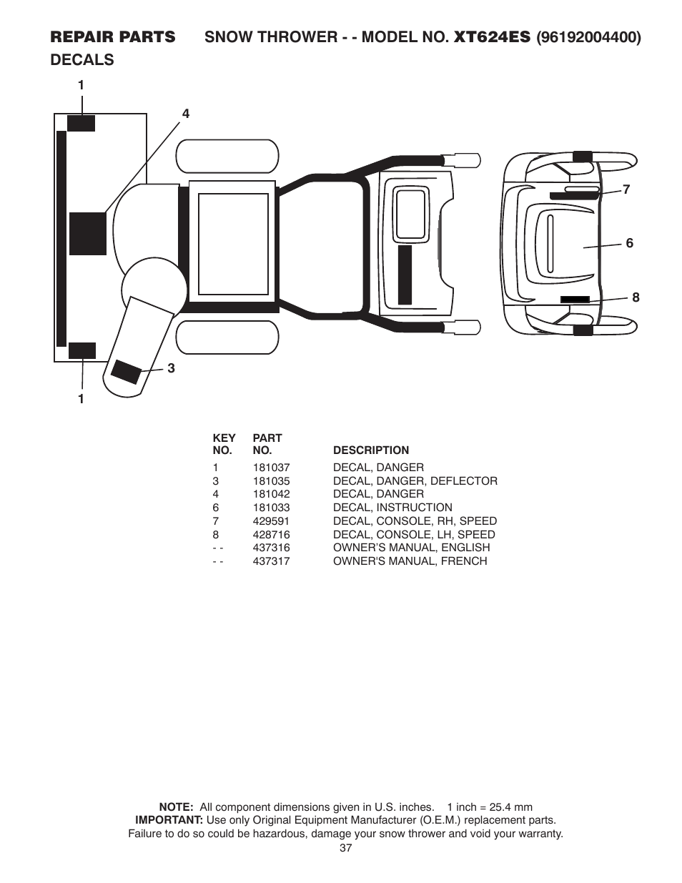 Decals | Poulan XT624ES User Manual | Page 37 / 40