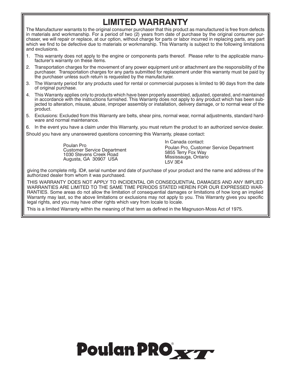 Limited warranty | Poulan XT624ES User Manual | Page 40 / 40