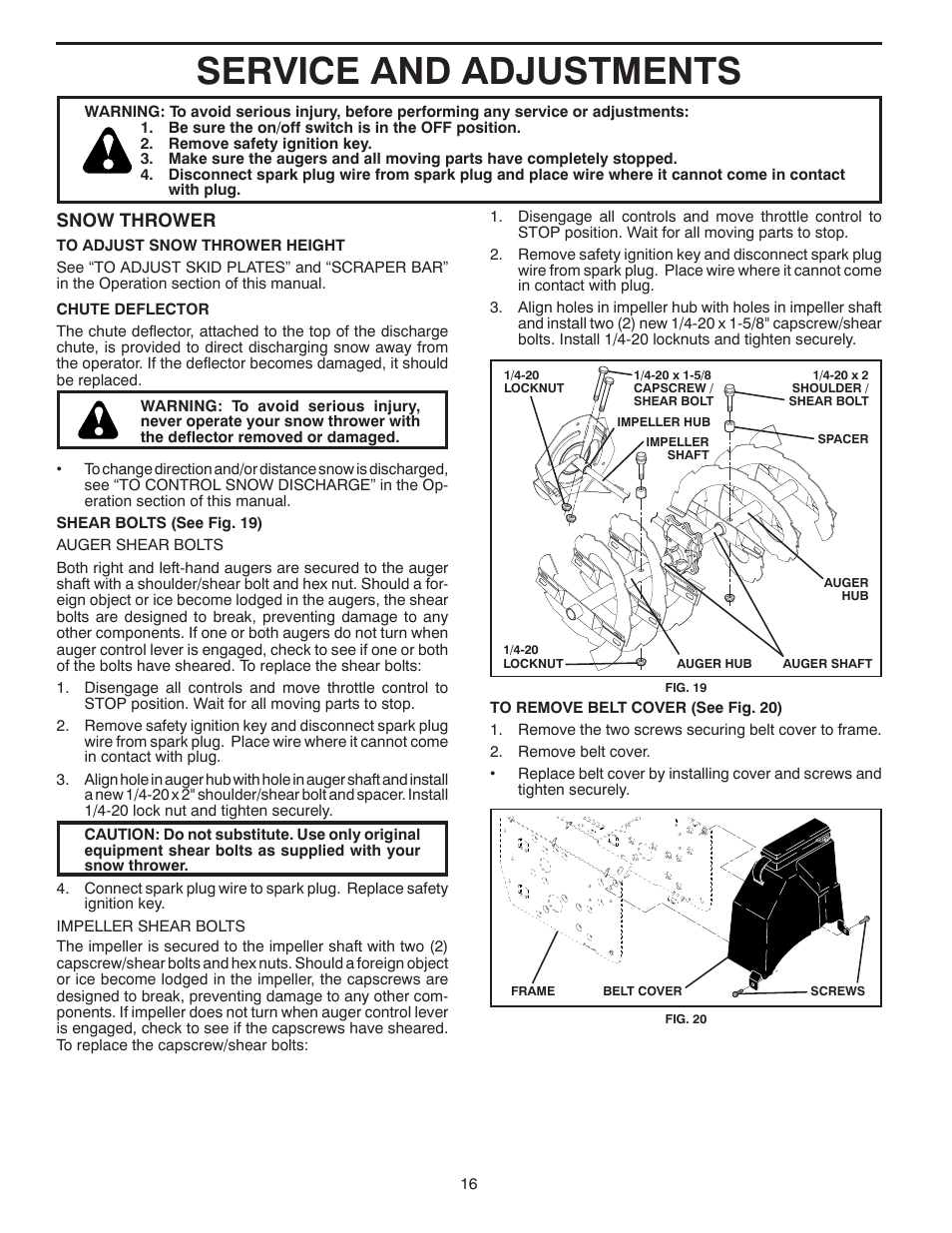 Service and adjustments, Snow thrower | Poulan 420917 User Manual | Page 16 / 40