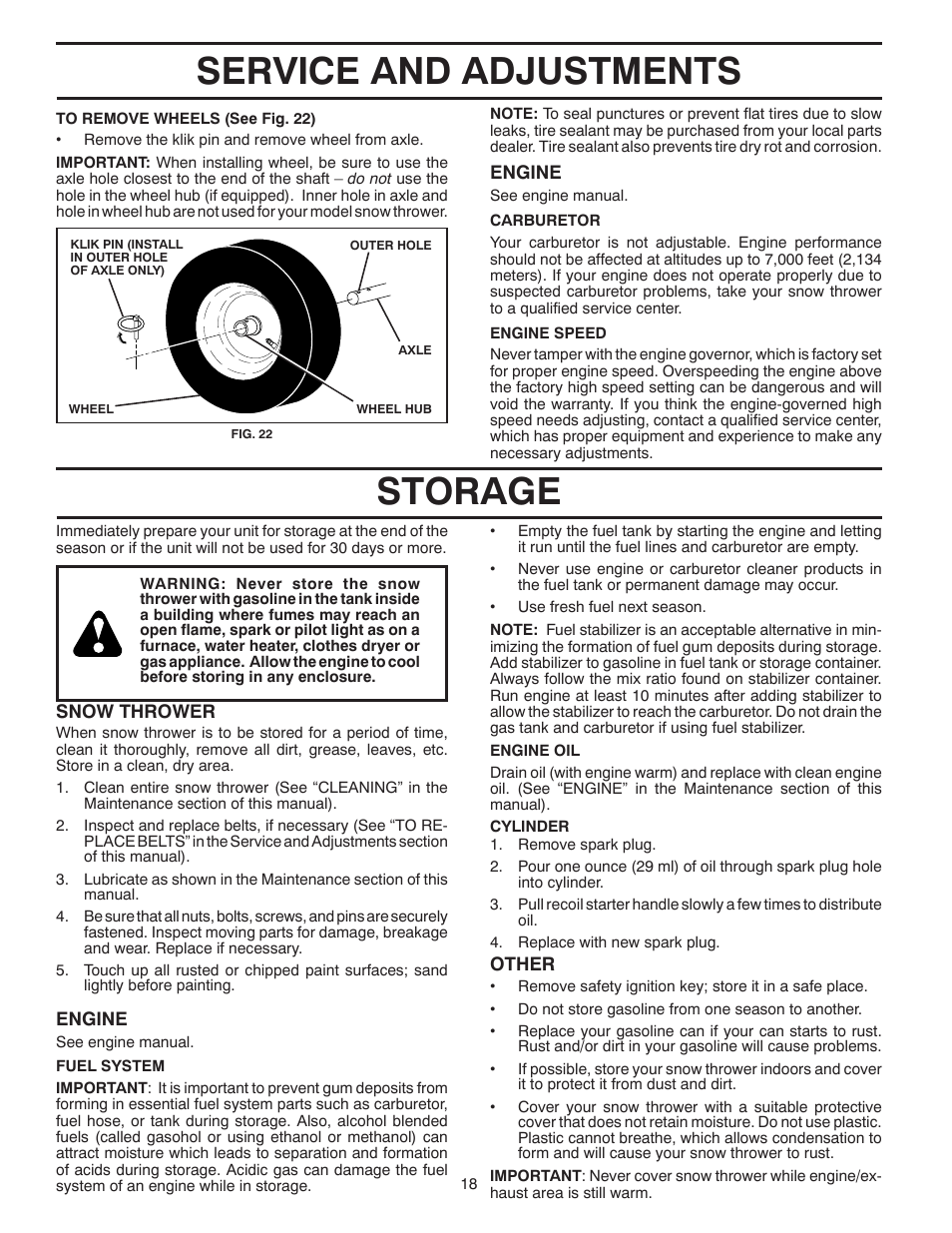 Service and adjustments storage | Poulan 420917 User Manual | Page 18 / 40