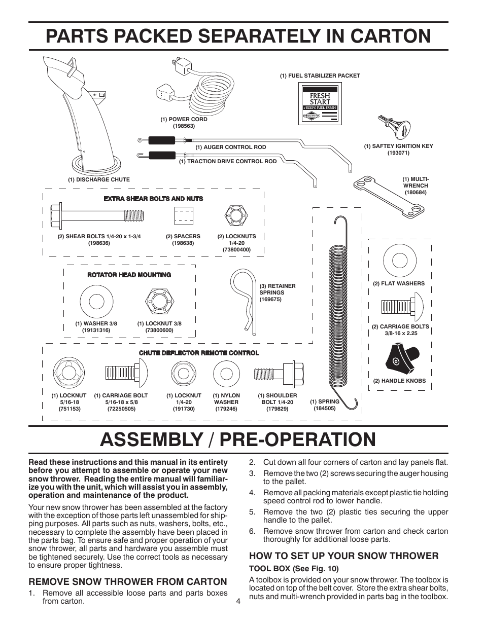 Parts packed separately in carton, Assembly / pre-operation, Remove snow thrower from car ton | How to set up your snow thrower | Poulan 420917 User Manual | Page 4 / 40