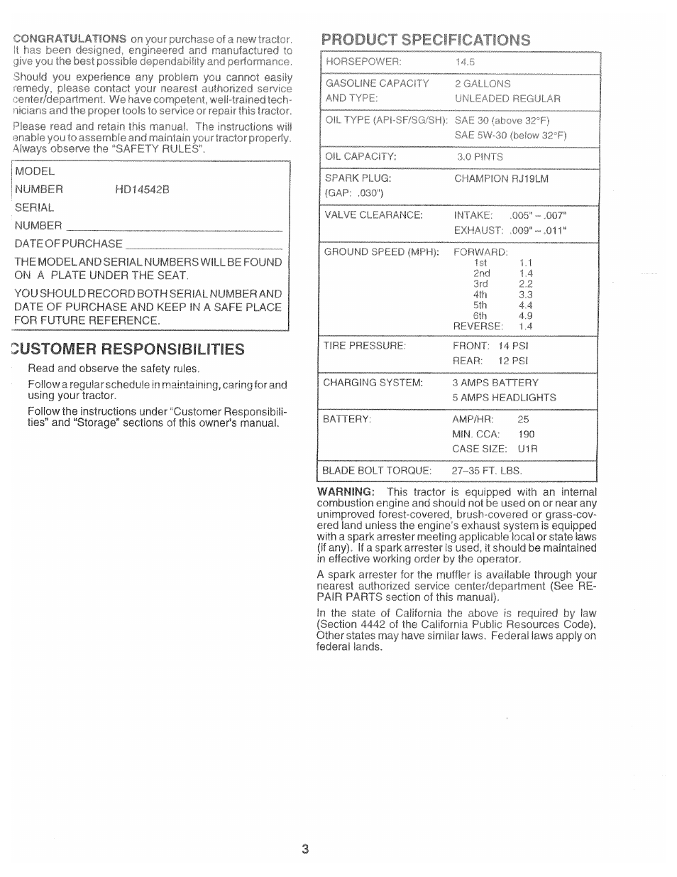Customer responsibilities, Productí specifications | Poulan 168191 User Manual | Page 3 / 48