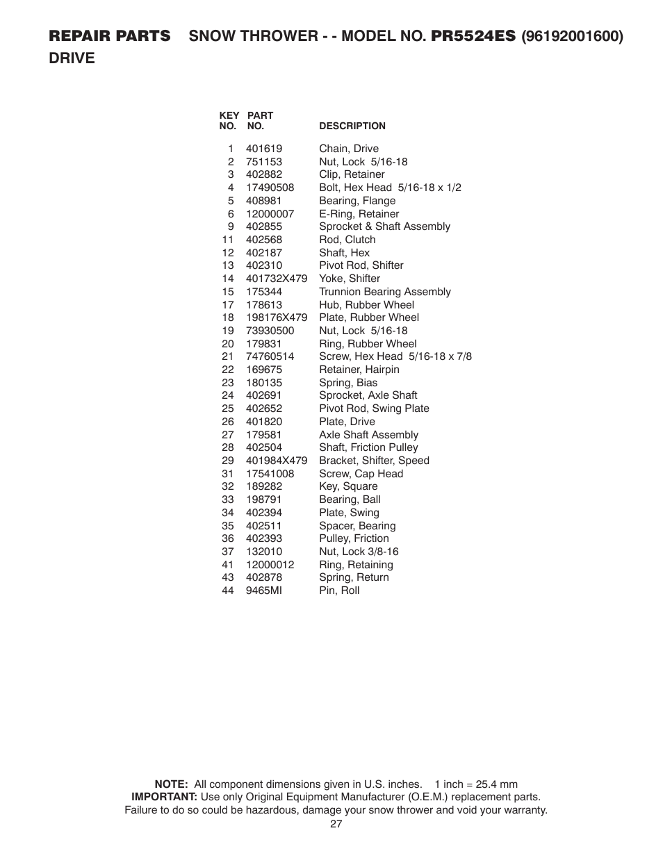 Poulan Pro PR5524ES SNOW THROWER User Manual | Page 27 / 32