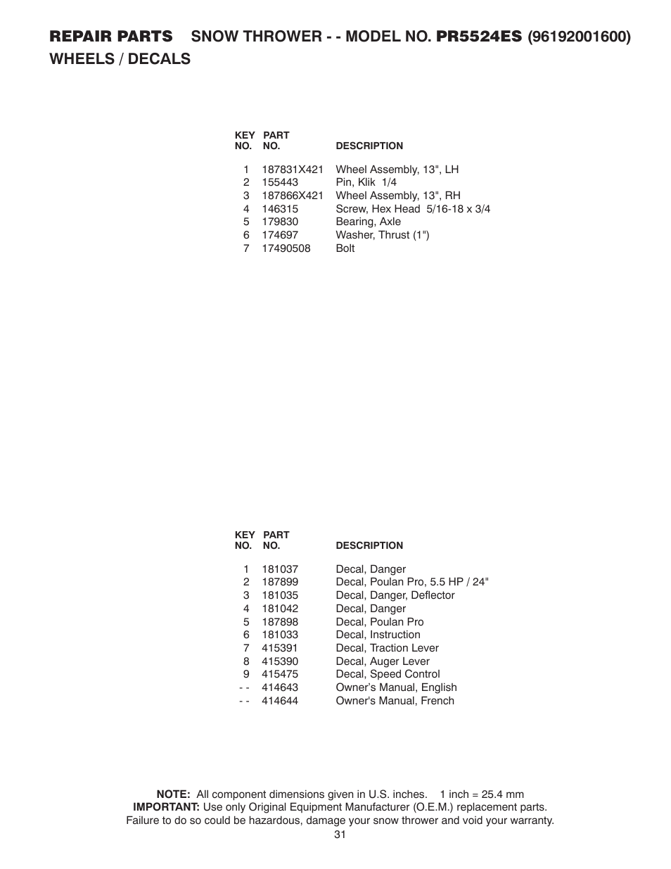 Poulan Pro PR5524ES SNOW THROWER User Manual | Page 31 / 32
