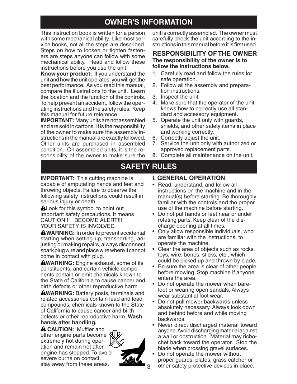 Safety rules, Owner's information | Poulan 2005-04 User Manual | Page 3 / 16