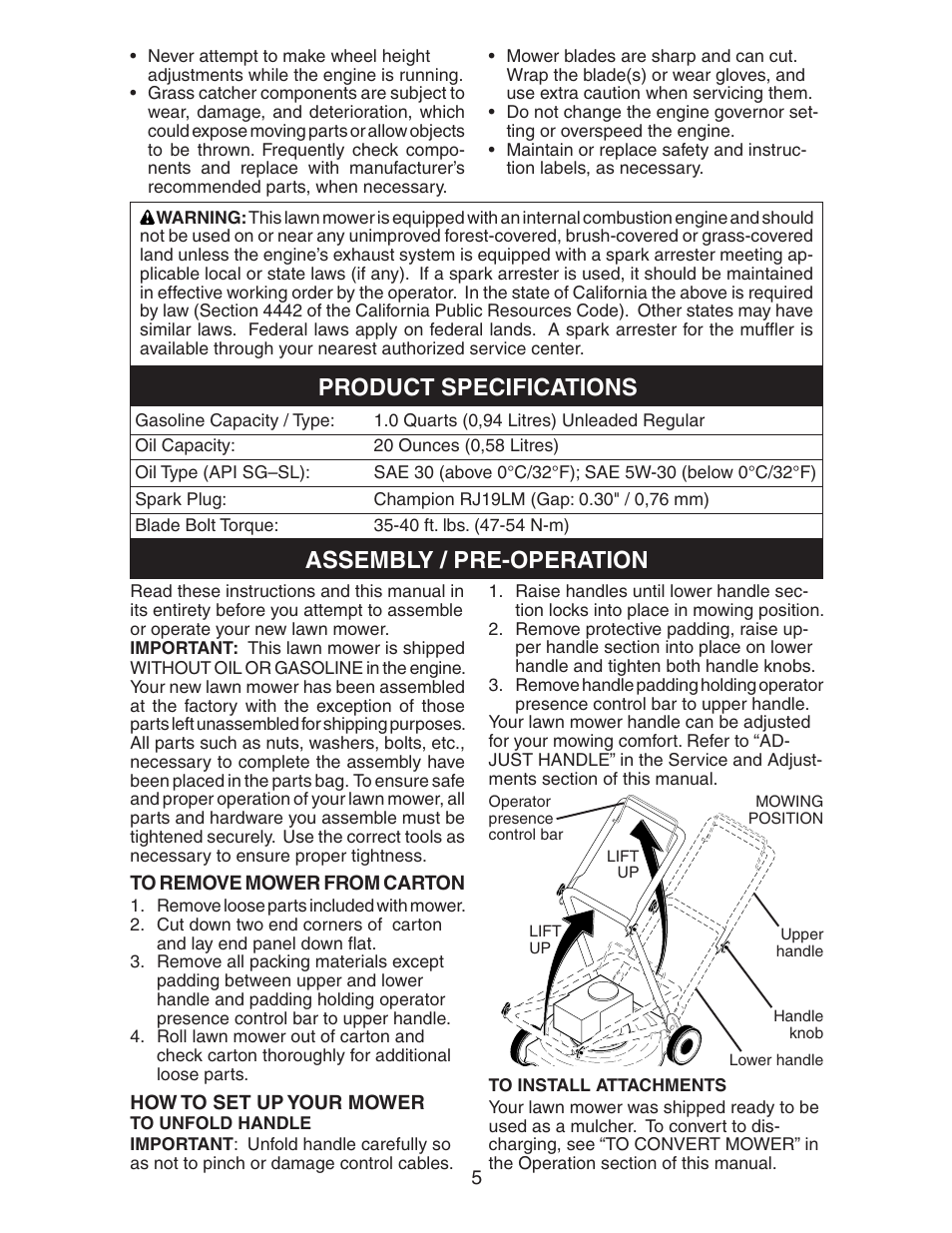 Assembly / pre-operation, Product specifications | Poulan 2005-04 User Manual | Page 5 / 16