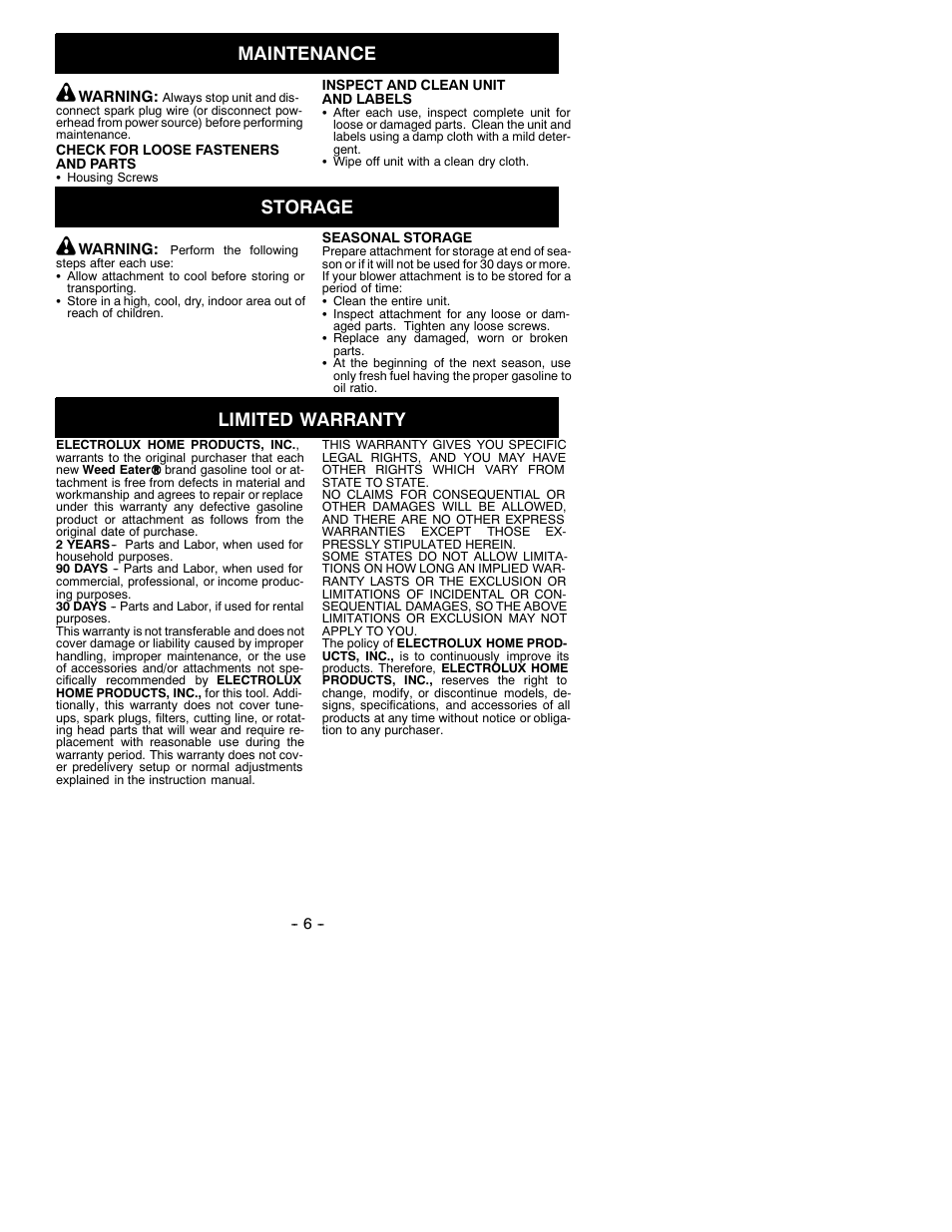 Maintenance, Storage, Limited warranty | Poulan 3000B User Manual | Page 6 / 6