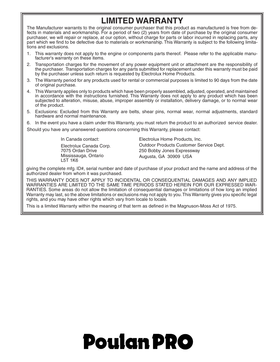 Limited warranty | Poulan 187887 User Manual | Page 20 / 20