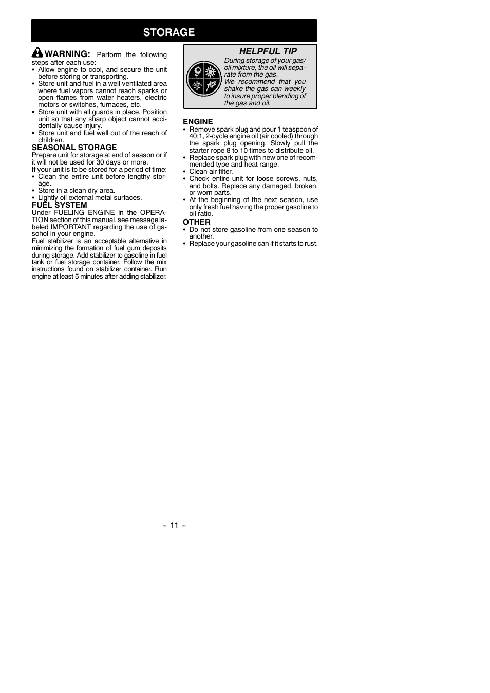 Storage, Warning, Helpful tip | Poulan 952711904 User Manual | Page 11 / 14