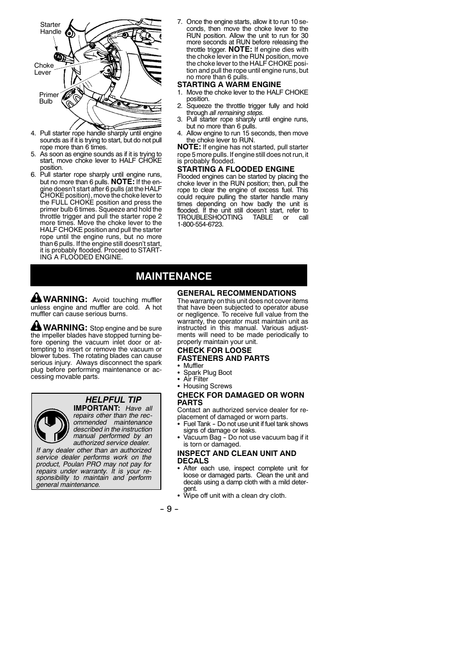 Maintenance, Warning, Helpful tip | Poulan 952711904 User Manual | Page 9 / 14