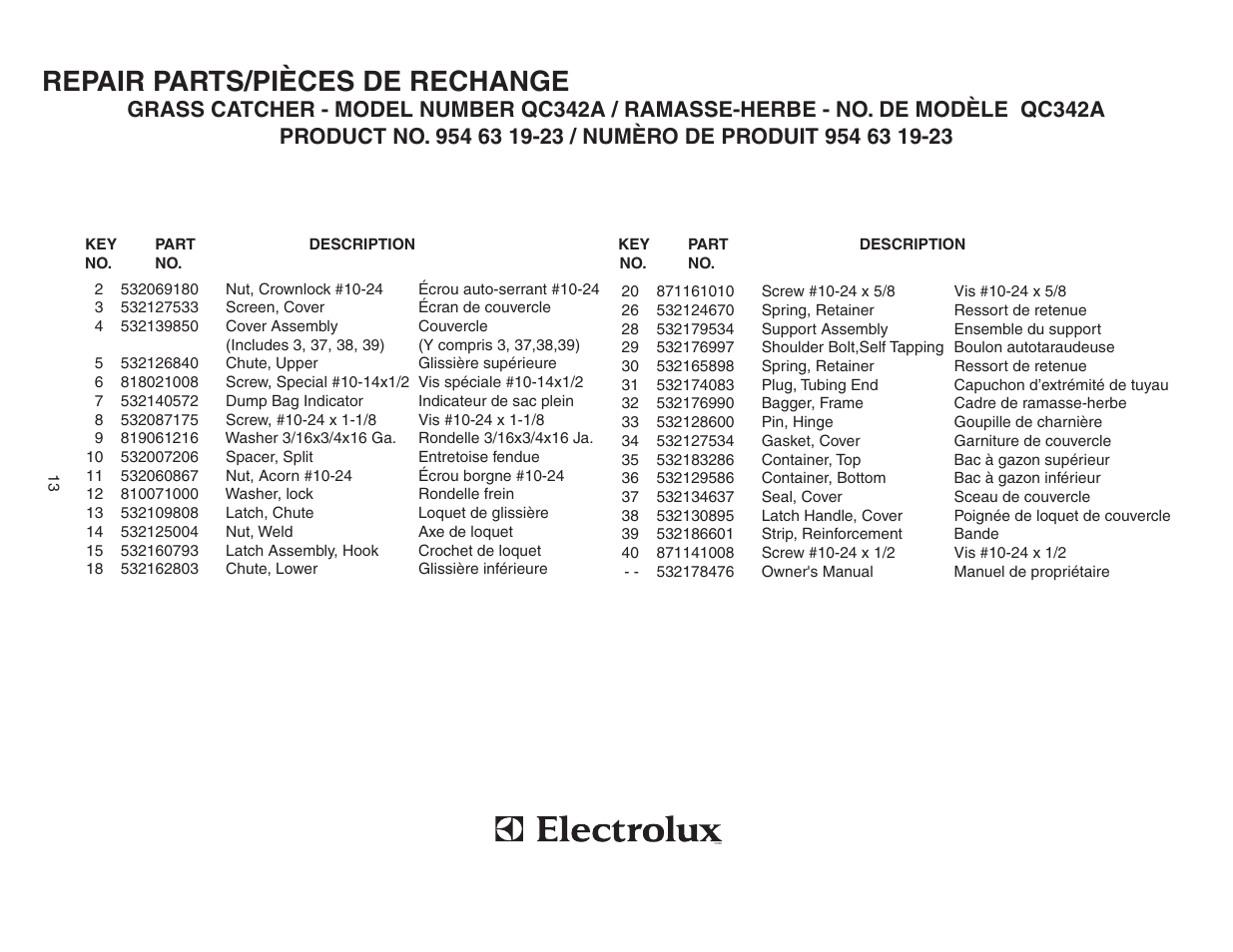 Repair parts/pièces de rechange | Poulan 532178476 User Manual | Page 13 / 13