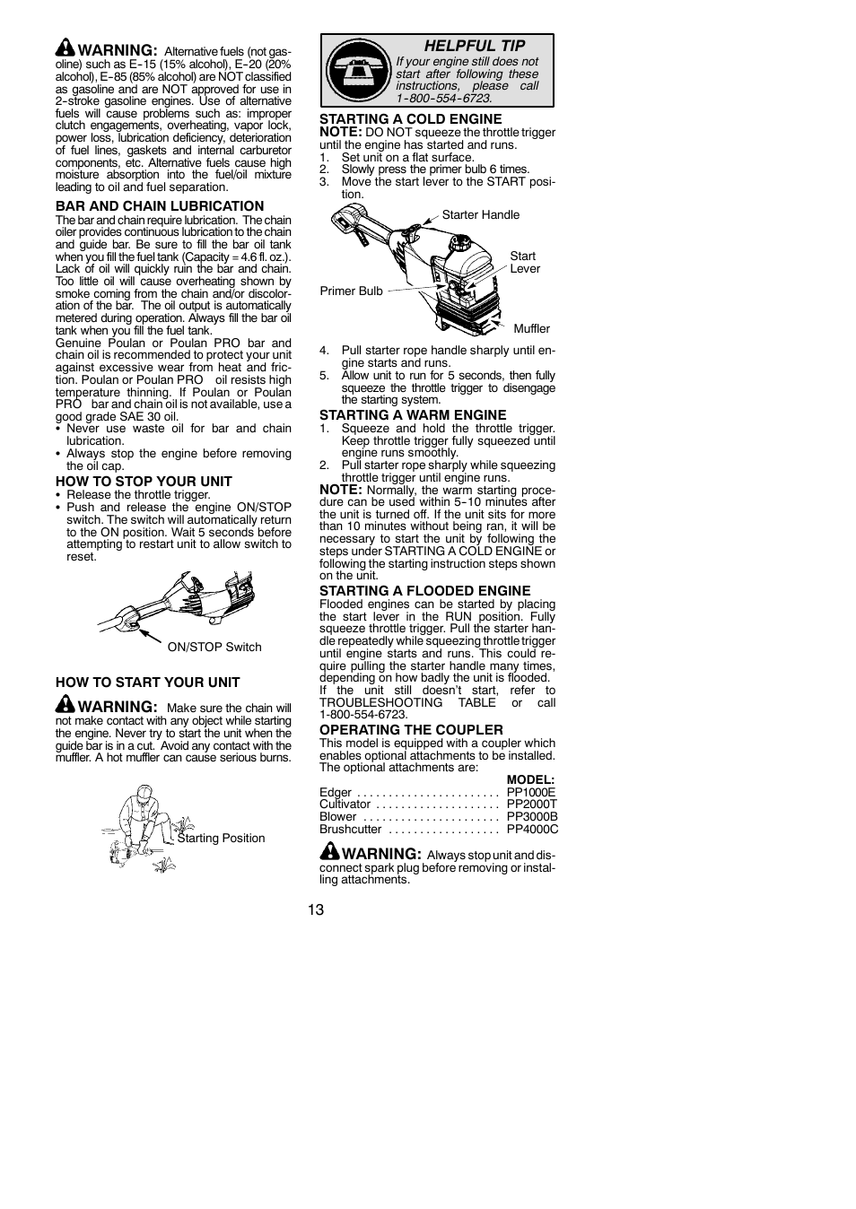 13 warning, Warning, Helpful tip | Poulan Pro PP446ET User Manual | Page 13 / 23