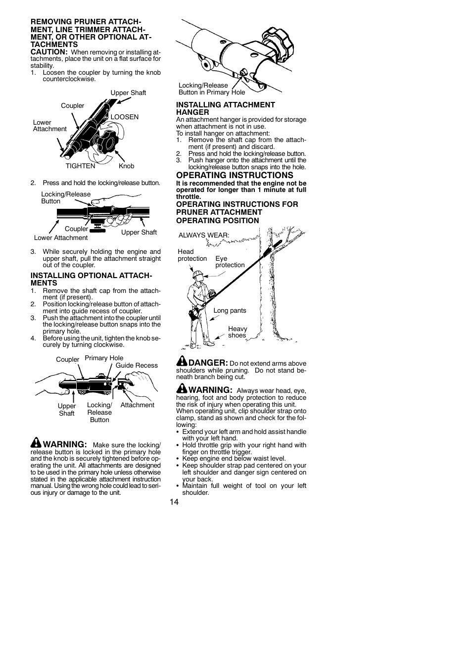 Warning, Operating instructions, Danger | Poulan Pro PP446ET User Manual | Page 14 / 23