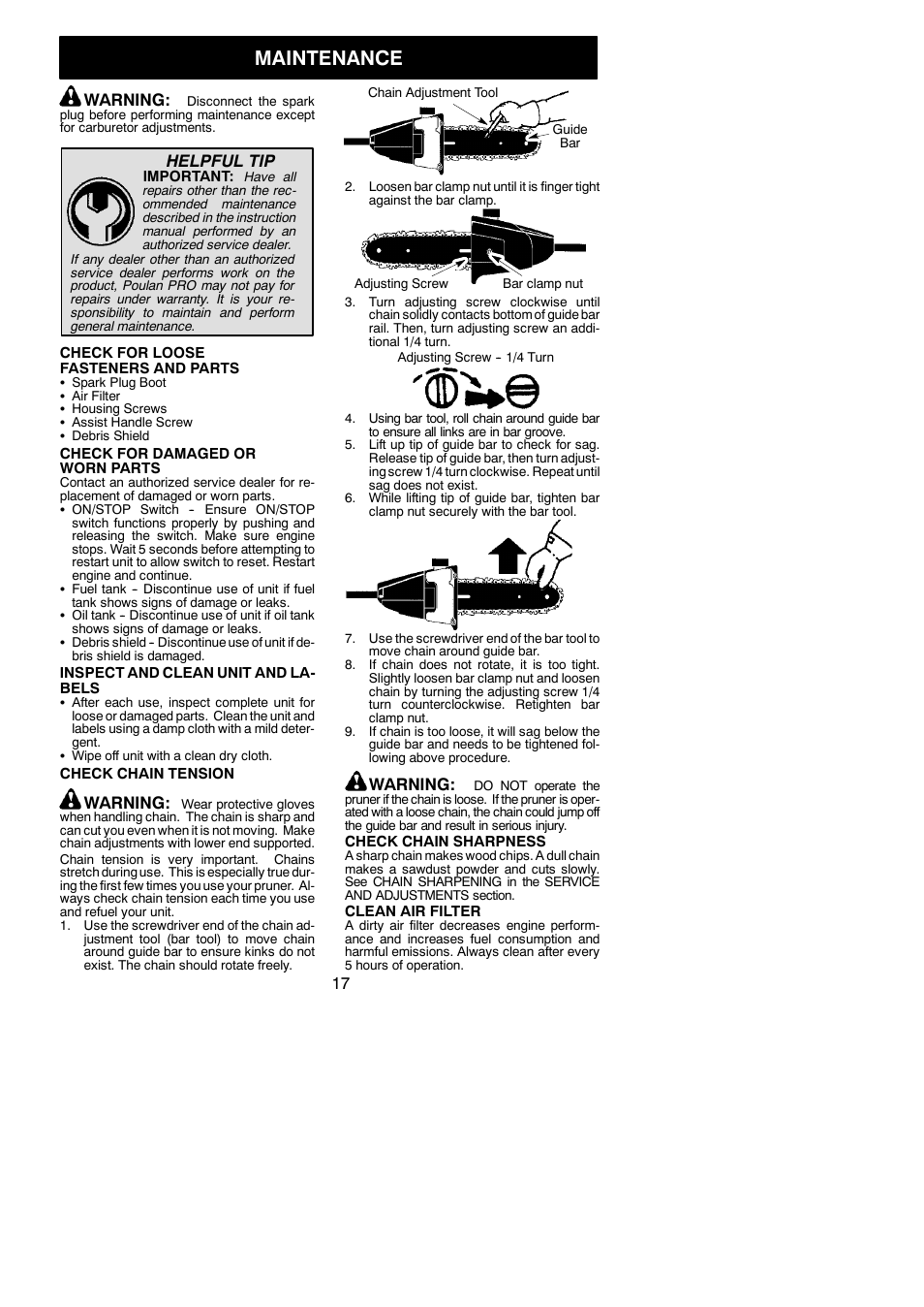 Maintenance, Warning, Helpful tip | Poulan Pro PP446ET User Manual | Page 17 / 23