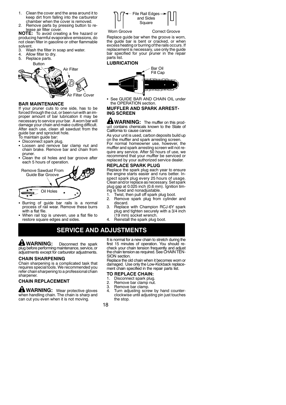 Service and adjustments, Warning | Poulan Pro PP446ET User Manual | Page 18 / 23