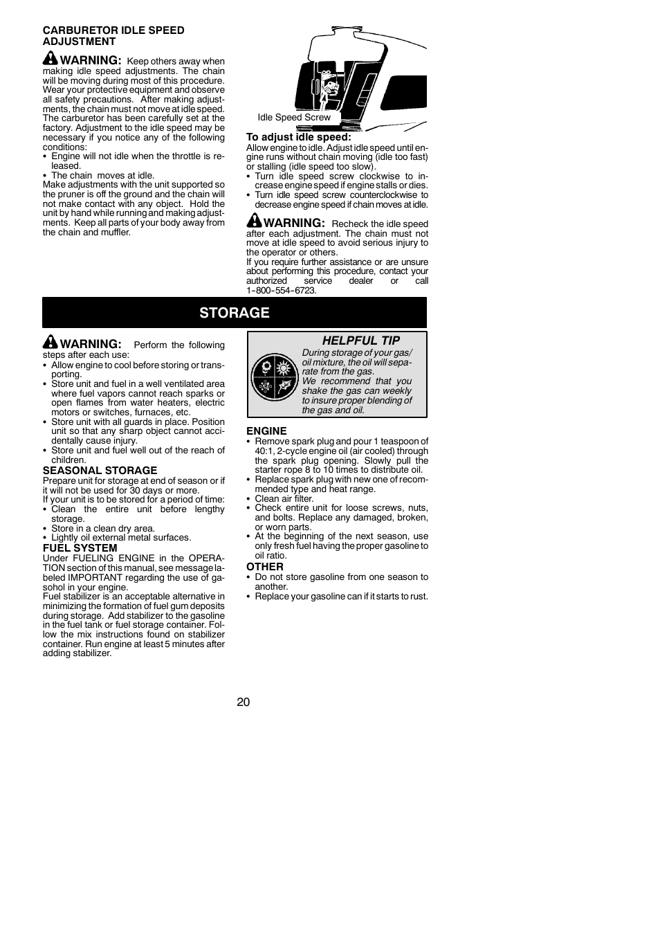 Storage, Warning, Helpful tip | Poulan Pro PP446ET User Manual | Page 20 / 23