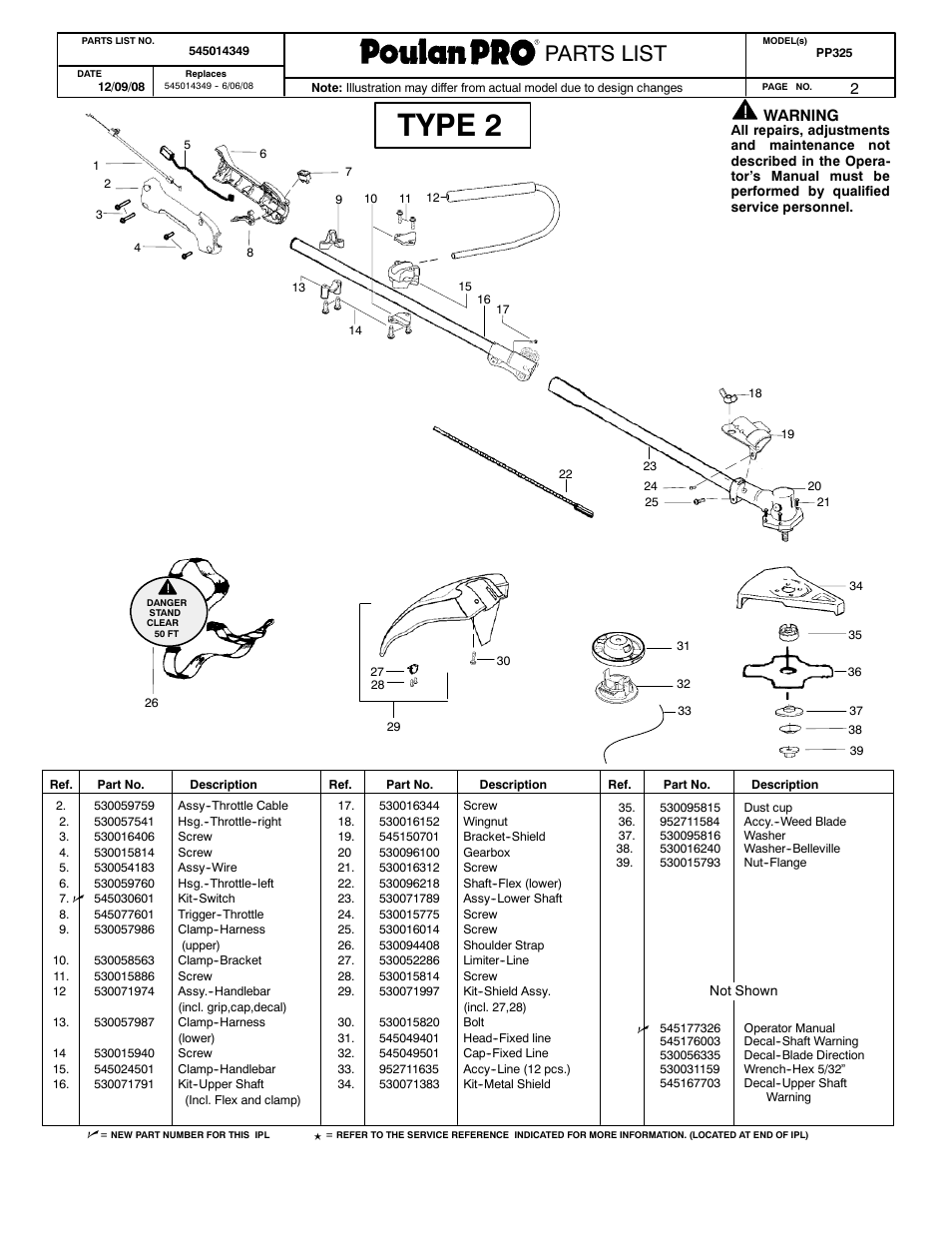 Poulonpro, Parts list | Poulan Pro 545014349 User Manual | Page 2 / 4