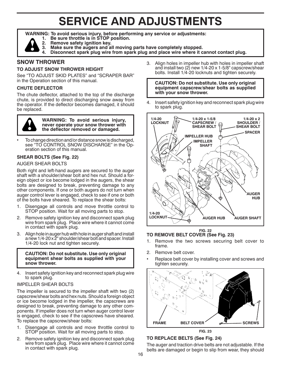 Service and adjustments, Snow thrower | Poulan Pro 96192001902 SNOW THROWER User Manual | Page 16 / 32