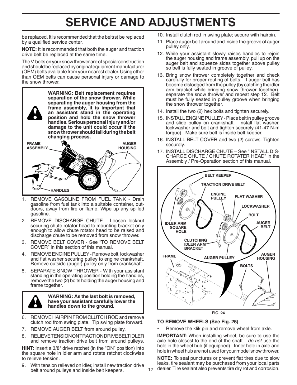 Service and adjustments | Poulan Pro 96192001902 SNOW THROWER User Manual | Page 17 / 32