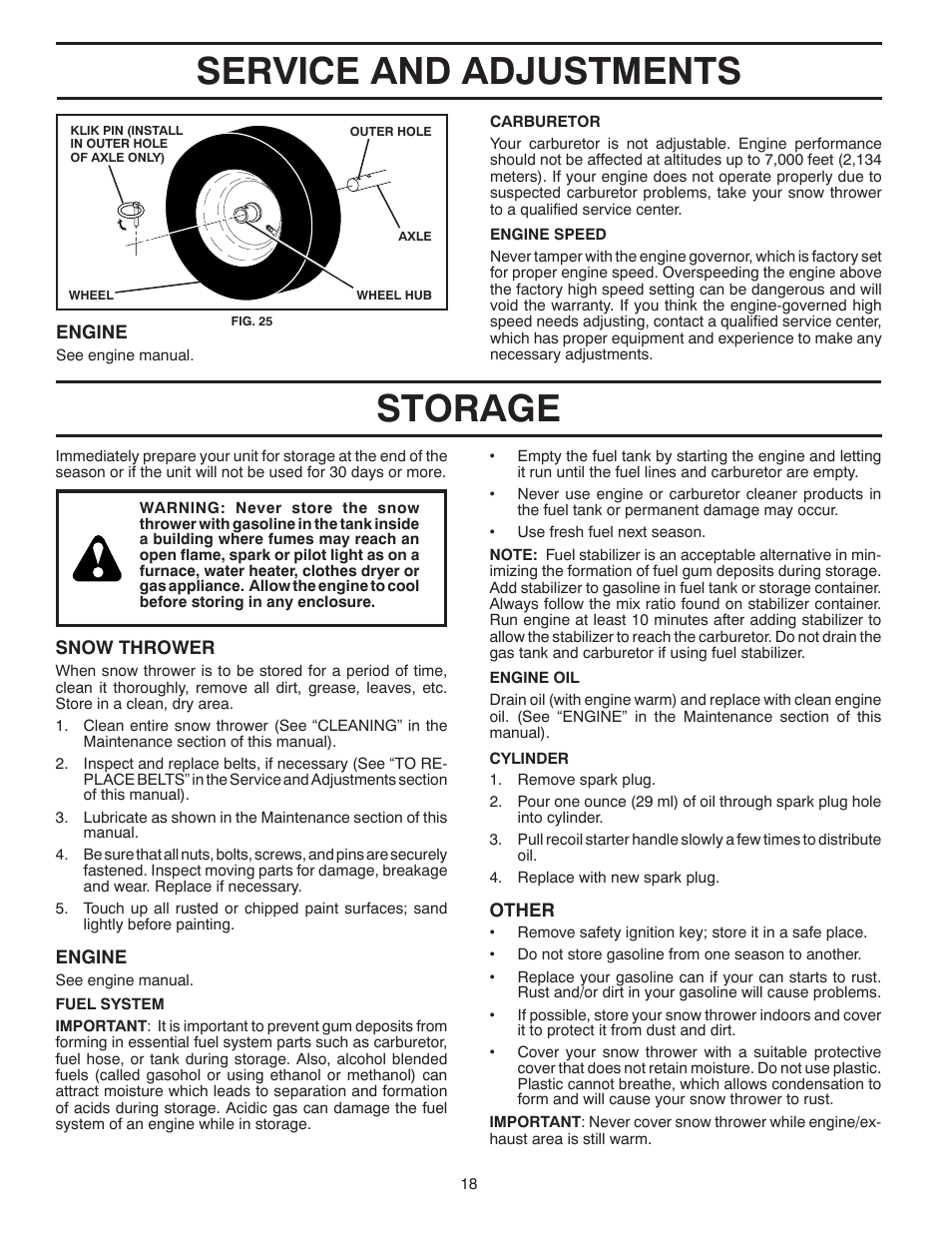 Service and adjustments storage | Poulan Pro 96192001902 SNOW THROWER User Manual | Page 18 / 32