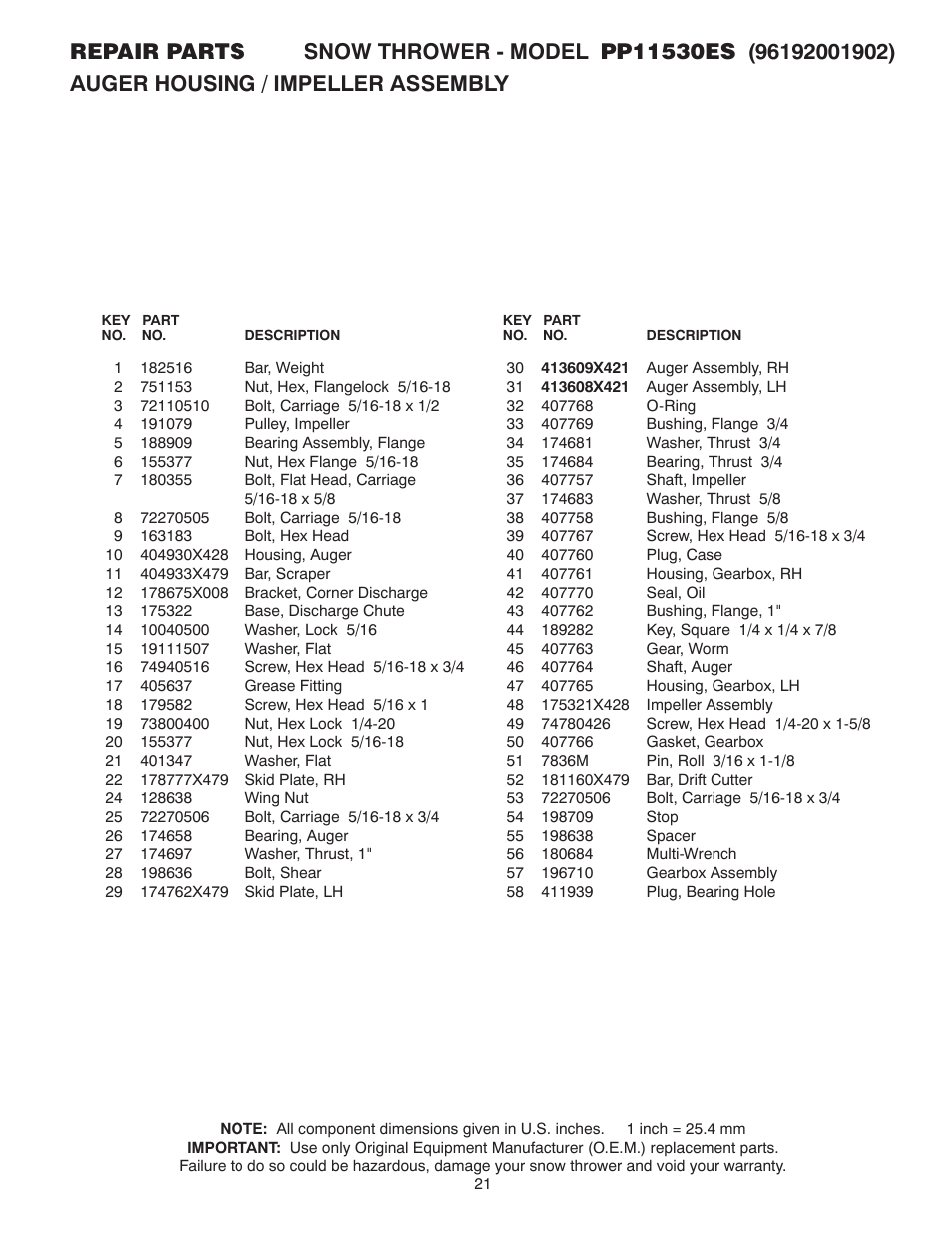 Poulan Pro 96192001902 SNOW THROWER User Manual | Page 21 / 32