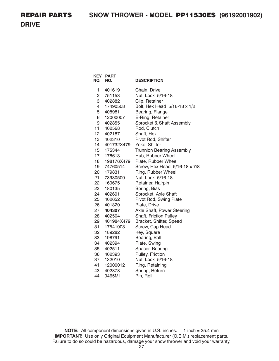 Poulan Pro 96192001902 SNOW THROWER User Manual | Page 27 / 32